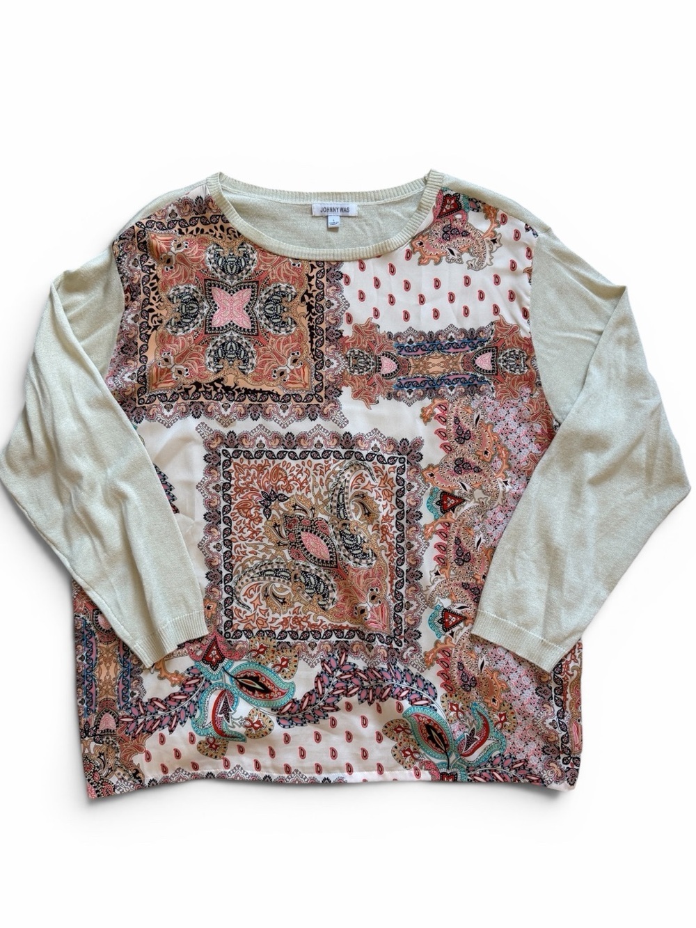 Johnny Was “Élodie” Scarf Front Silk and Cashmere Blouse in Multi-color Paisley